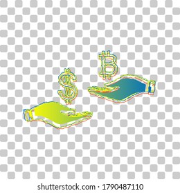 Cambio de divisas de mano en mano. Dólar y Bitcoin. Icono de degradado de azul a verde con cuatro contornos de ancho sobre fondo transparente elegante. Ilustración.