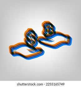 Currency exchange from hand to hand. Dollar and Bitcoin. Stroked Icon in orange, azure and old lavender Colors at gray Background. Illustration.