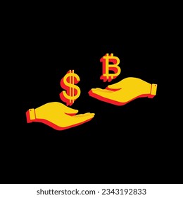 Currency exchange from hand to hand. Dollar and Bitcoin. 3D Extruded Yellow Icon with Red Sides a Black background. Illustration.
