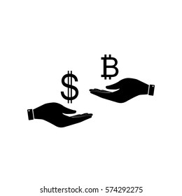 Currency exchange from hand to hand. Dollar and Bitcoin. Flat style black icon on white.