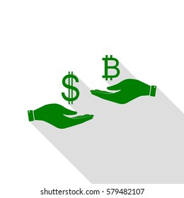Currency exchange from hand to hand. Dollar and Bitcoin. Green icon with flat style shadow path.
