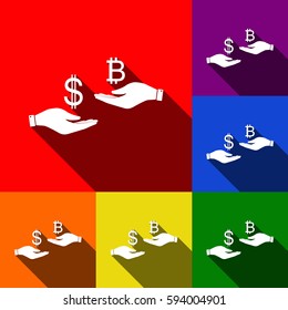 Currency exchange from hand to hand. Dollar and Bitcoin. Vector. Set of icons with flat shadows at red, orange, yellow, green, blue and violet background.