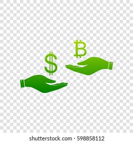 Currency exchange from hand to hand. Dollar and Bitcoin. Vector. Green gradient icon on transparent background.