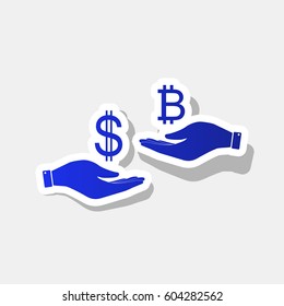 Currency exchange from hand to hand. Dollar and Bitcoin. Vector. New year bluish icon with outside stroke and gray shadow on light gray background.