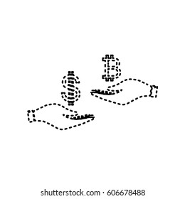 Currency exchange from hand to hand. Dollar and Bitcoin. Vector. Black dashed icon on white background. Isolated.