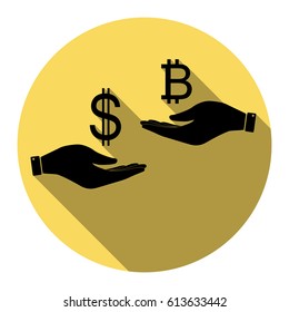 Currency exchange from hand to hand. Dollar and Bitcoin. Vector. Flat black icon with flat shadow on royal yellow circle with white background. Isolated.