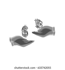 Currency exchange from hand to hand. Dollar and Bitcoin. Vector. Gray icon shaked at white background.