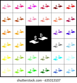 Currency exchange from hand to hand. Dollar and Bitcoin. Vector. Felt-pen 33 colorful icons at white and black backgrounds. Colorfull.