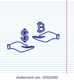 Currency exchange from hand to hand. Dollar and Bitcoin. Vector. Navy line icon on notebook paper as background with red line for field.