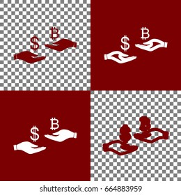 Currency exchange from hand to hand. Dollar and Bitcoin. Vector. Bordo and white icons and line icons on chess board with transparent background.