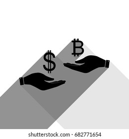 Currency exchange from hand to hand. Dollar and Bitcoin. Vector. Black icon with two flat gray shadows on white background.