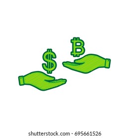 Currency exchange from hand to hand. Dollar and Bitcoin. Vector. Lemon scribble icon on white background. Isolated