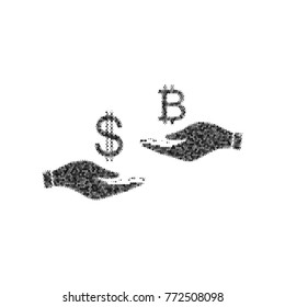 Currency exchange from hand to hand. Dollar and Bitcoin. Vector. Black icon from many ovelapping circles with random opacity on white background. Noisy. Isolated.