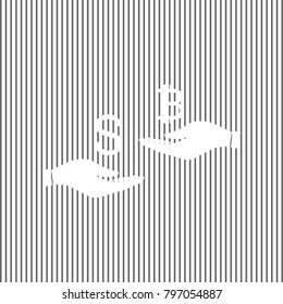 Currency exchange from hand to hand. Dollar and Bitcoin. Vector. White icon on grayish striped background. Optical illusion.