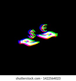 Currency exchange from hand to hand. Dollar and Euro. Red, green and blue unfocused contour icon at black background. Illustration.