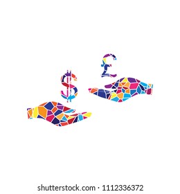 Currency exchange from hand to hand. Dollar and Pound. Vector. Stained glass icon on white background. Colorful polygons. Isolated.