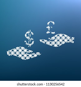 Currency exchange from hand to hand. Dollar and Pound. Vector. White textured icon at lapis lazuli gradient background.