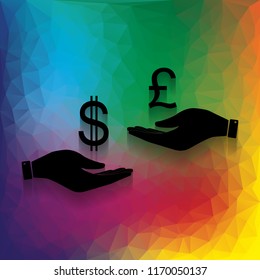 Currency exchange from hand to hand. Dollar and Pound. Vector. Flat style black icon on white.