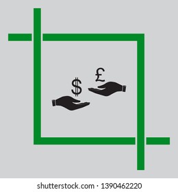 Currency exchange from hand to hand. Dollar and Pound. Black icon inside green crop tool at light gray background