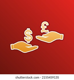 Cambio de divisas de mano en mano. Dólar y libras. Icono de gradiente dorado con contornos sobre fondo recto. Ilustración.