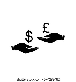 Currency exchange from hand to hand. Dollar and Pound. Flat style black icon on white.