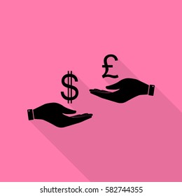 Currency exchange from hand to hand. Dollar and Pound. Black icon with flat style shadow path on pink background.