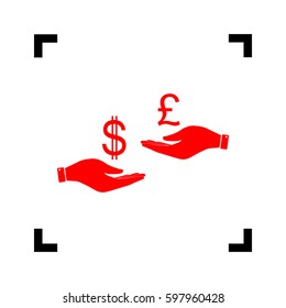 Currency exchange from hand to hand. Dollar and Pound. Vector. Red icon inside black focus corners on white background. Isolated.