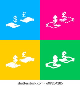 Currency exchange from hand to hand. Dollar and Pound. Four styles of icon on four color squares.