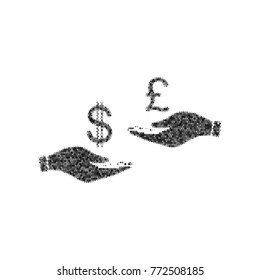 Currency exchange from hand to hand. Dollar and Pound. Vector. Black icon from many ovelapping circles with random opacity on white background. Noisy. Isolated.