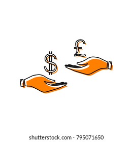 Currency exchange from hand to hand. Dollar and Pound. Vector. Black line icon with shifted flat orange filled icon on white background. Isolated.