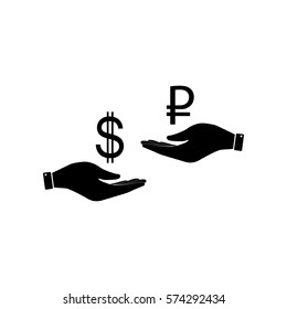 Currency exchange from hand to hand. Dollar and Rouble. Flat style black icon on white.