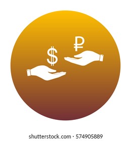 Currency exchange from hand to hand. Dollar and Rouble. White icon in circle with golden gradient as background. Isolated.