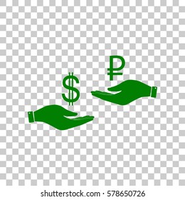 Currency exchange from hand to hand. Dollar and Rouble. Dark green icon on transparent background.