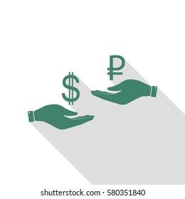 Currency exchange from hand to hand. Dollar and Rouble. Veridian icon with flat style shadow path.