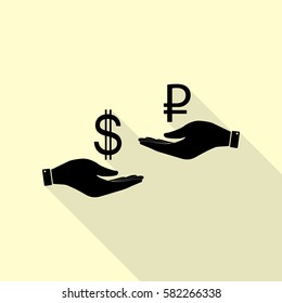 Currency exchange from hand to hand. Dollar and Rouble. Black icon with flat style shadow path on cream background.