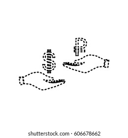 Currency exchange from hand to hand. Dollar and Rouble. Vector. Black dashed icon on white background. Isolated.