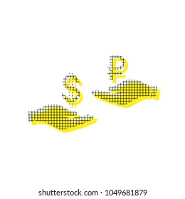 Currency exchange from hand to hand. Dollar and Ruble. Vector. Yellow icon with square pattern duplicate at white background. Isolated.