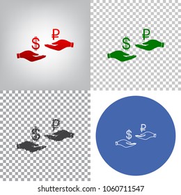 Currency exchange from hand to hand. Dollar and Ruble. Vector. 4 styles. Red gradient in radial lighted background, green flat and gray scribble icons on transparent and linear one in blue circle.