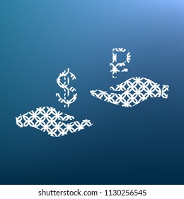 Currency exchange from hand to hand. Dollar and Ruble. Vector. White textured icon at lapis lazuli gradient background.