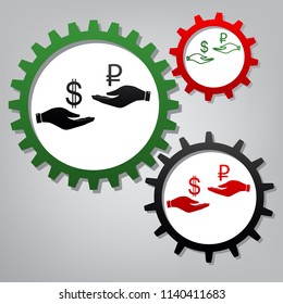 Currency exchange from hand to hand. Dollar and Ruble. Vector. Three connected gears with icons at grayish background.