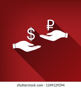 Currency exchange from hand to hand. Dollar and Ruble. Vector. White icon with limitless shadow at ruby red background.
