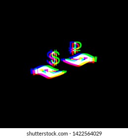 Currency exchange from hand to hand. Dollar and Ruble. Red, green and blue unfocused contour icon at black background. Illustration.