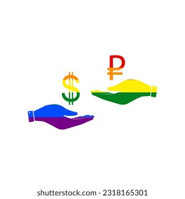 Cambio de divisas de mano en mano. Dólar y rublo. Icono en fondo blanco, de los derechos LGBT gay arcoiris. Ilustración.