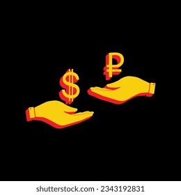 Currency exchange from hand to hand. Dollar and Ruble. 3D Extruded Yellow Icon with Red Sides a Black background. Illustration.
