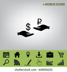 Currency exchange from hand to hand. Dollar and Ruble. Vector. Black icon at gray background with bonus icons 