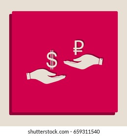 Currency exchange from hand to hand. Dollar and Ruble. Vector. Grayscale version of Popart-style icon.
