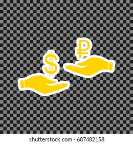 Currency exchange from hand to hand. Dollar and Ruble. Vector. Yellow icon with white contour on dark transparent background.