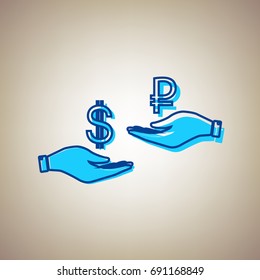 Currency exchange from hand to hand. Dollar and Ruble. Vector. Sky blue icon with defected blue contour on beige background.