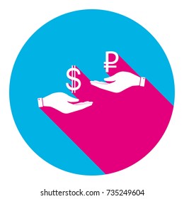 Currency exchange from hand to hand. Dollar and Ruble. Vector. Flat white icon with mexican pink shadow inside sky blue(S and G) circle at white background. Isolated. Trend colors in 2017.
