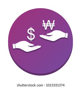 Currency exchange from hand to hand. Dollar and South Korea Won. Vector. White icon with flat shadow on purpureus circle at white background. Isolated.